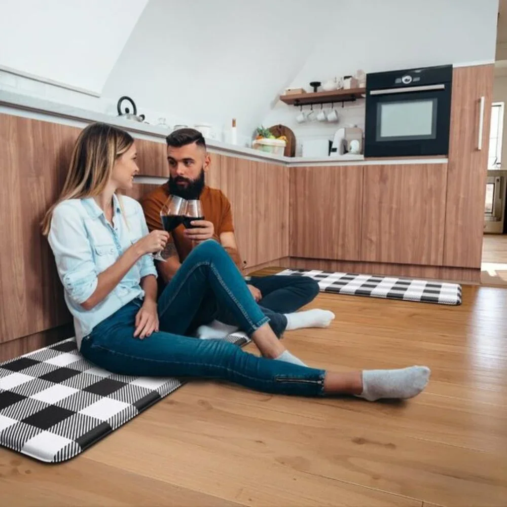 2Pcs Black White Farmhouse Kitchen Mats, Waterproof Anti Fatigue Non Slip Carpet